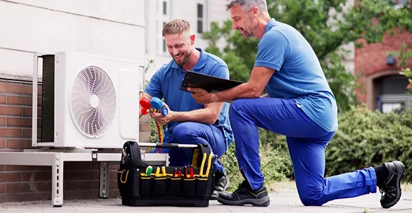 Technician assisting a homeowner with an air conditioning unit replacement outside a residential building in Carson City, NV.